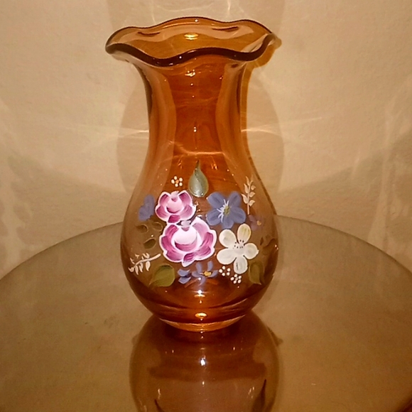 Fenton for FTD Blown Glass Hand Painted Flowers Purple Vase - Picture 3 of 9